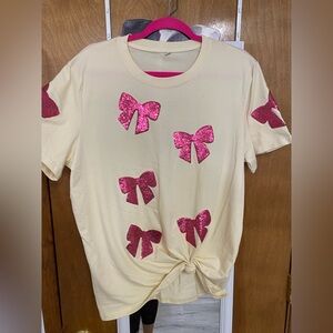 Cream Tee with Pink Sequin Bows